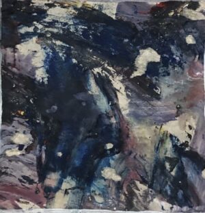 Romualdas Stasiulis, "Peizažas su figūromis", 5,5 cm x 5,5 cm, tempera, kartonas, 2001 m.