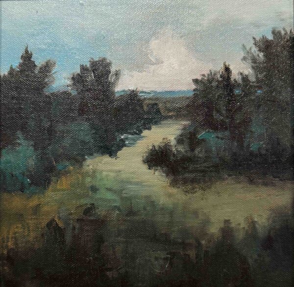 Marcin Kostrzewa, "Nad rzeką", 20 cm x 20 cm, olej na płycie, 2023 r.